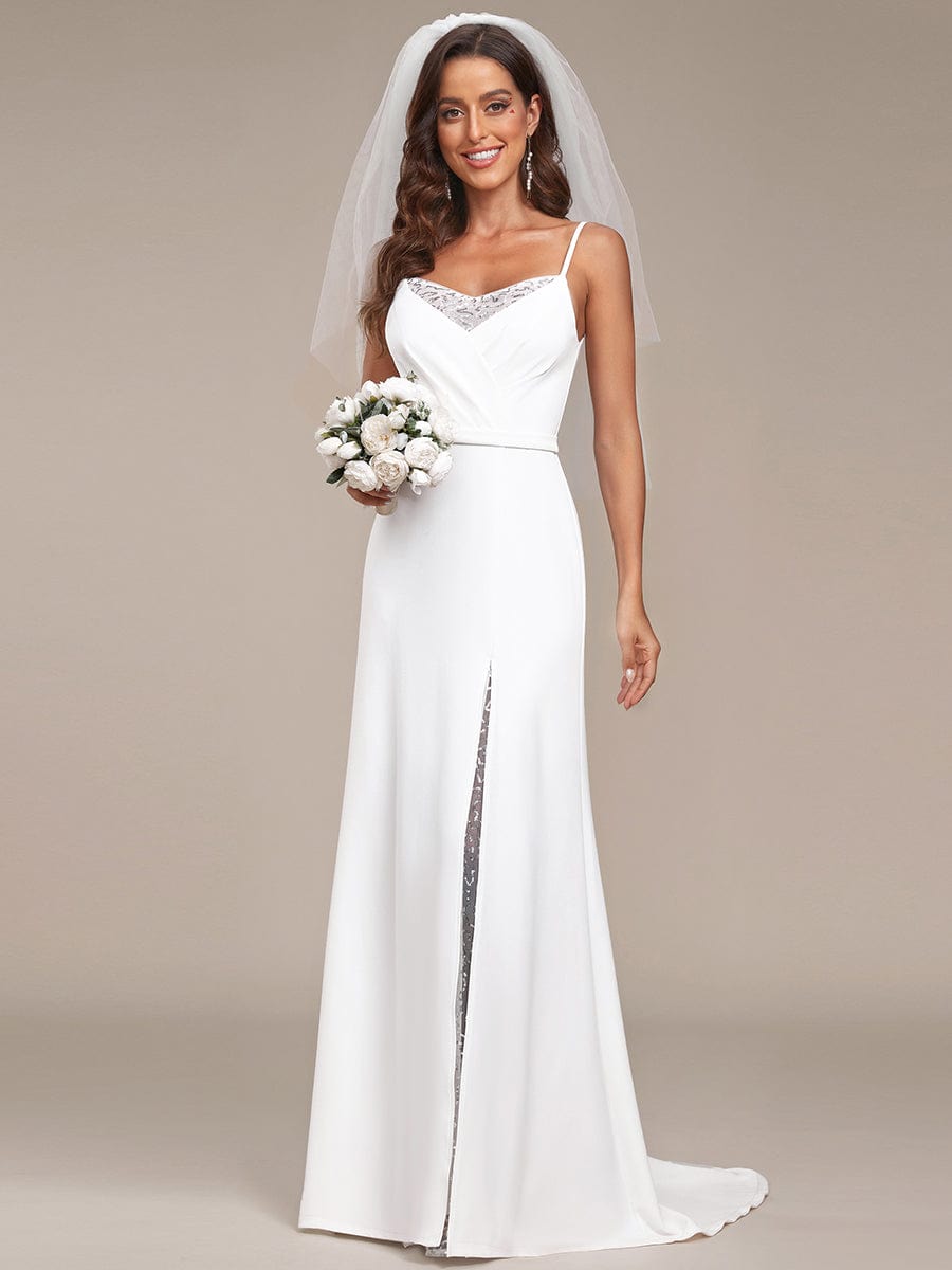 A-Line Lace Spaghetti Strap Front Slit Wedding Dress #Color_White A-Line Lace Spaghetti Strap Front Slit Wedding Dress