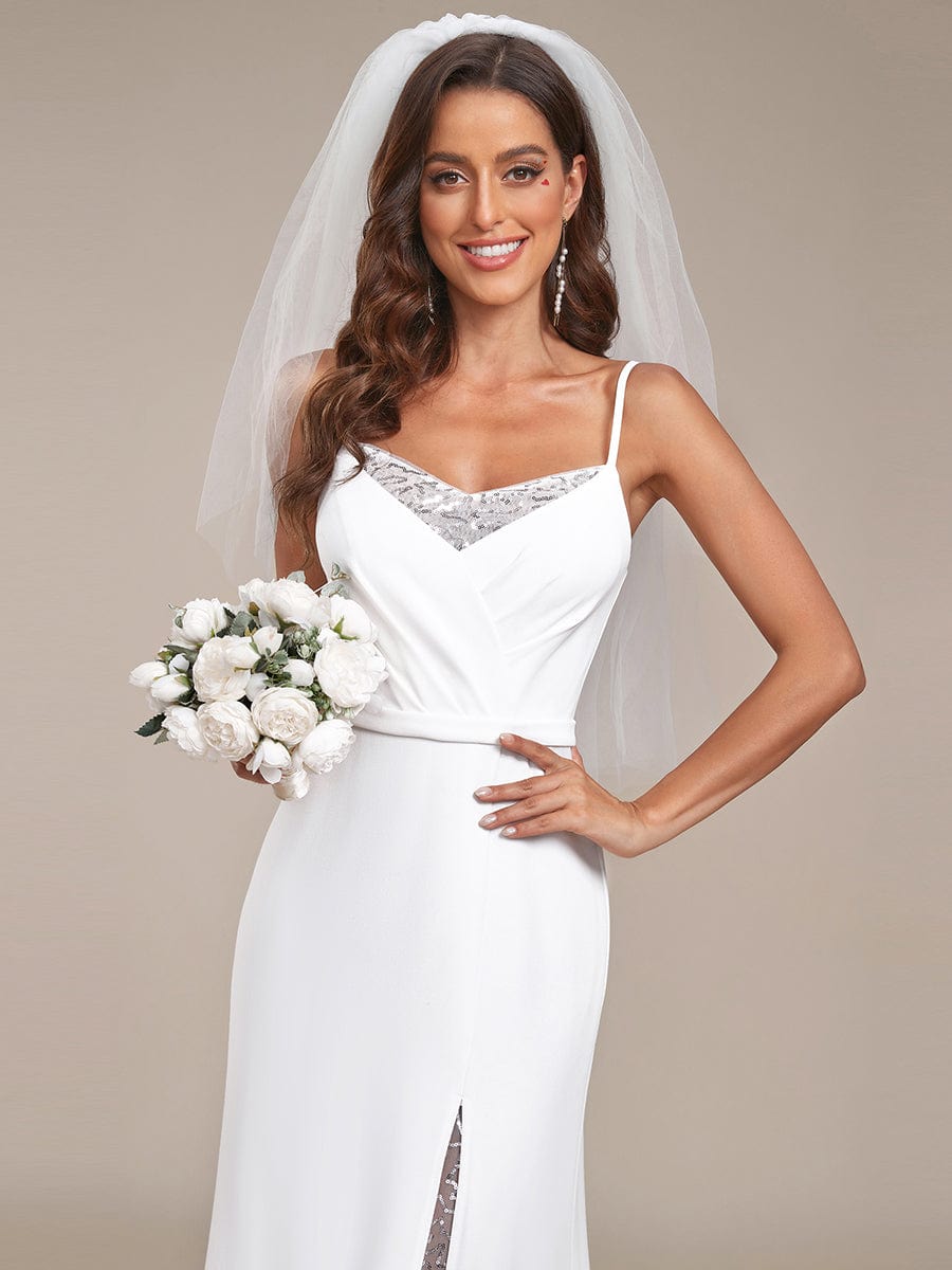 A-Line Lace Spaghetti Strap Front Slit Wedding Dress #Color_White A-Line Lace Spaghetti Strap Front Slit Wedding Dress