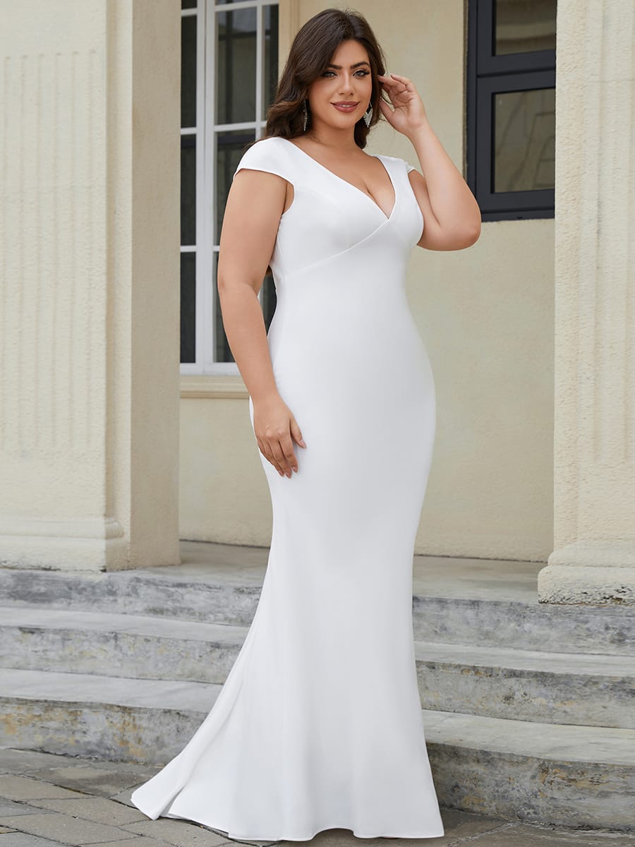 Cap Sleeve V-Neckline Lace Backless Wedding Dress #color_White