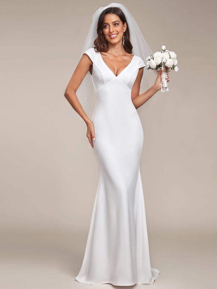 Cap Sleeve V-Neckline Lace Backless Wedding Dress #color_White Cap Sleeve V-Neckline Lace Backless Wedding Dress