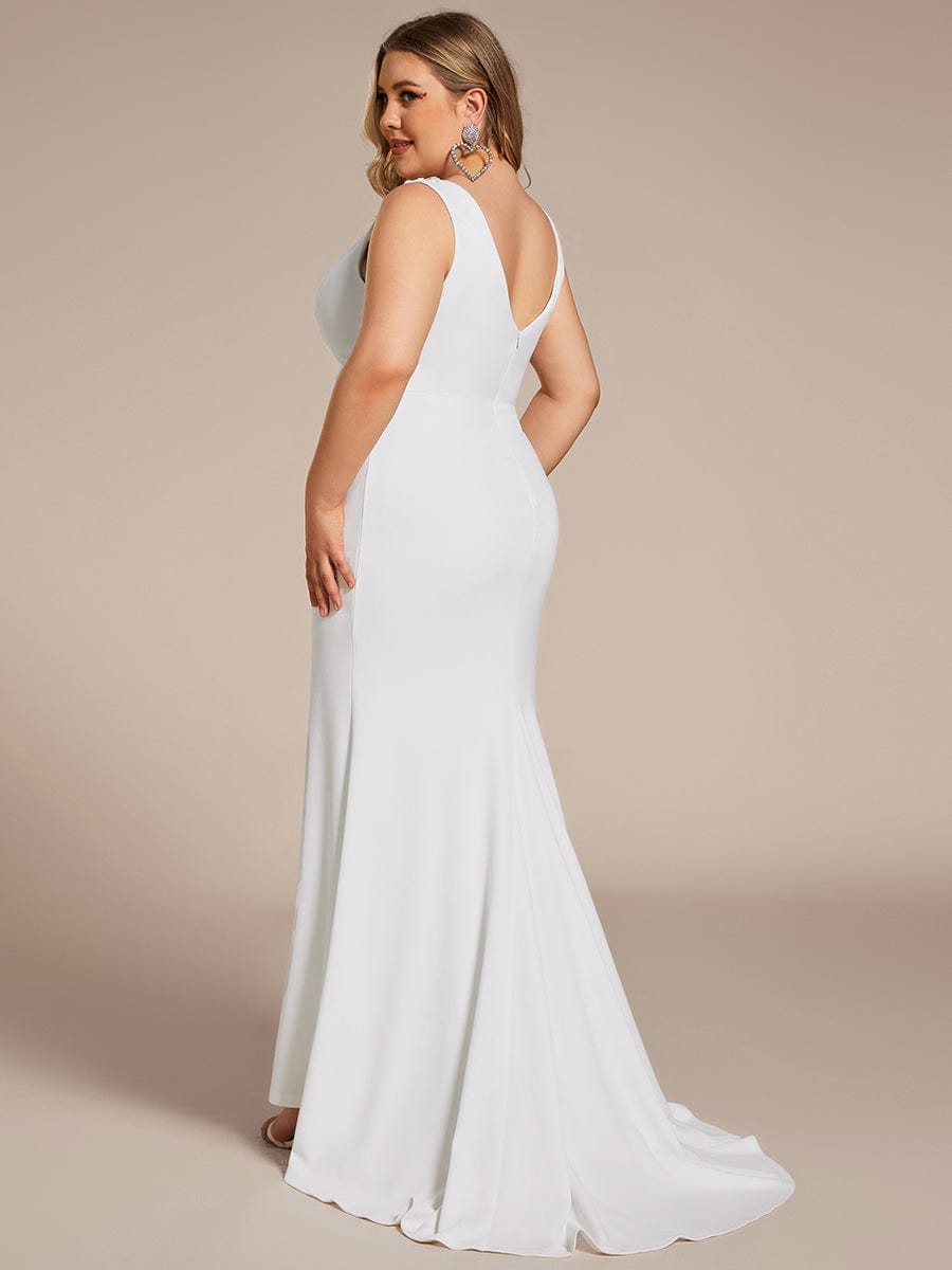 Plus Size Low Back High Neck Bodycon Fishtail Wedding Dress #color_White Plus Size Low Back High Neck Bodycon Fishtail Wedding Dress