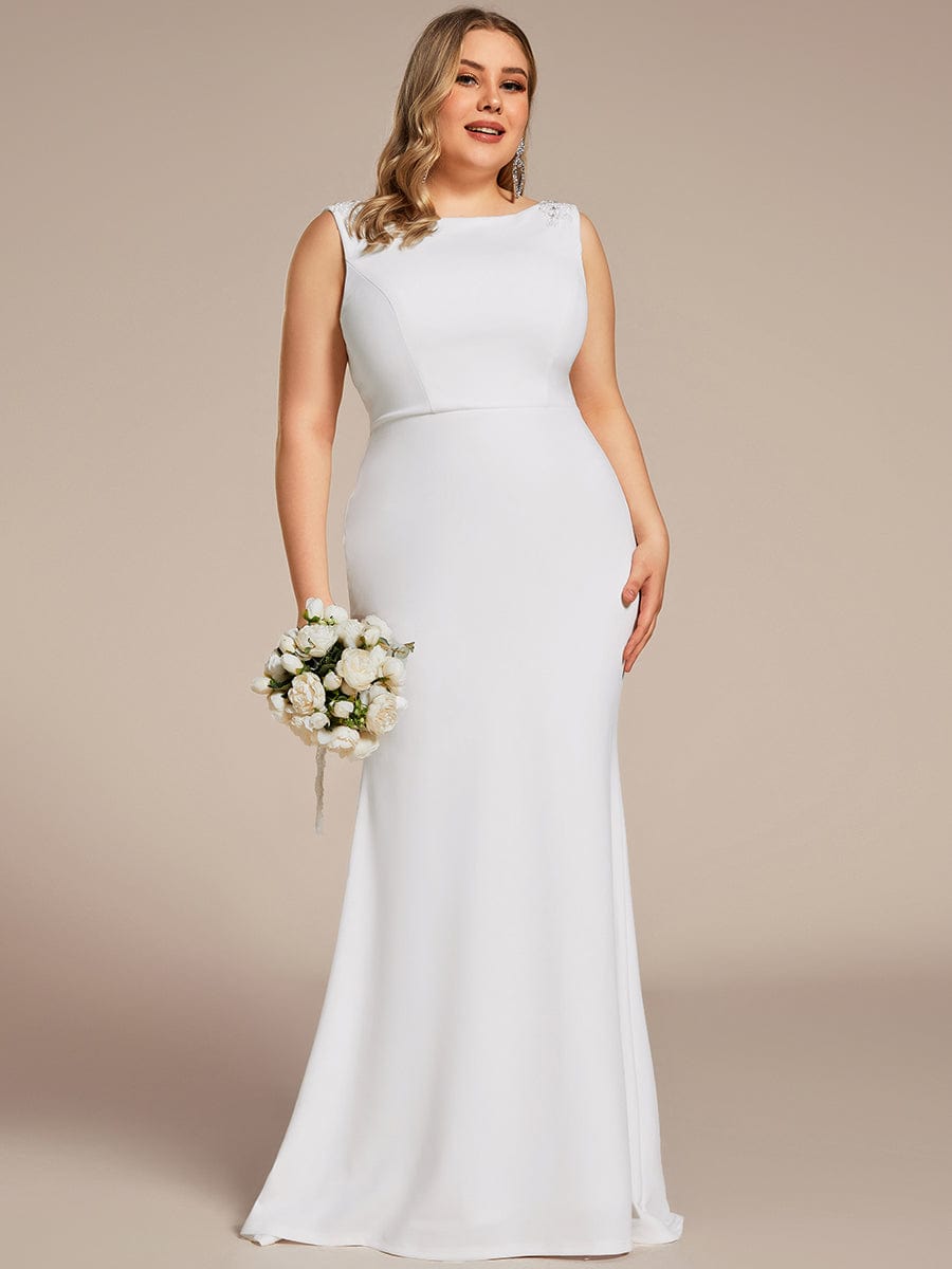 Plus Size Low Back High Neck Bodycon Fishtail Wedding Dress #color_White Plus Size Low Back High Neck Bodycon Fishtail Wedding Dress