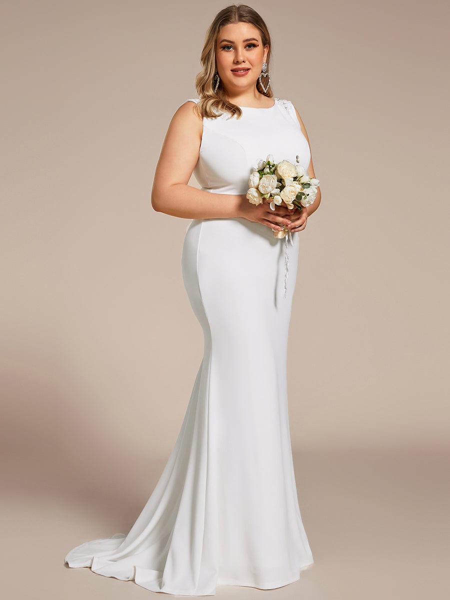 Plus Size Low Back High Neck Bodycon Fishtail Wedding Dress #color_White Plus Size Low Back High Neck Bodycon Fishtail Wedding Dress