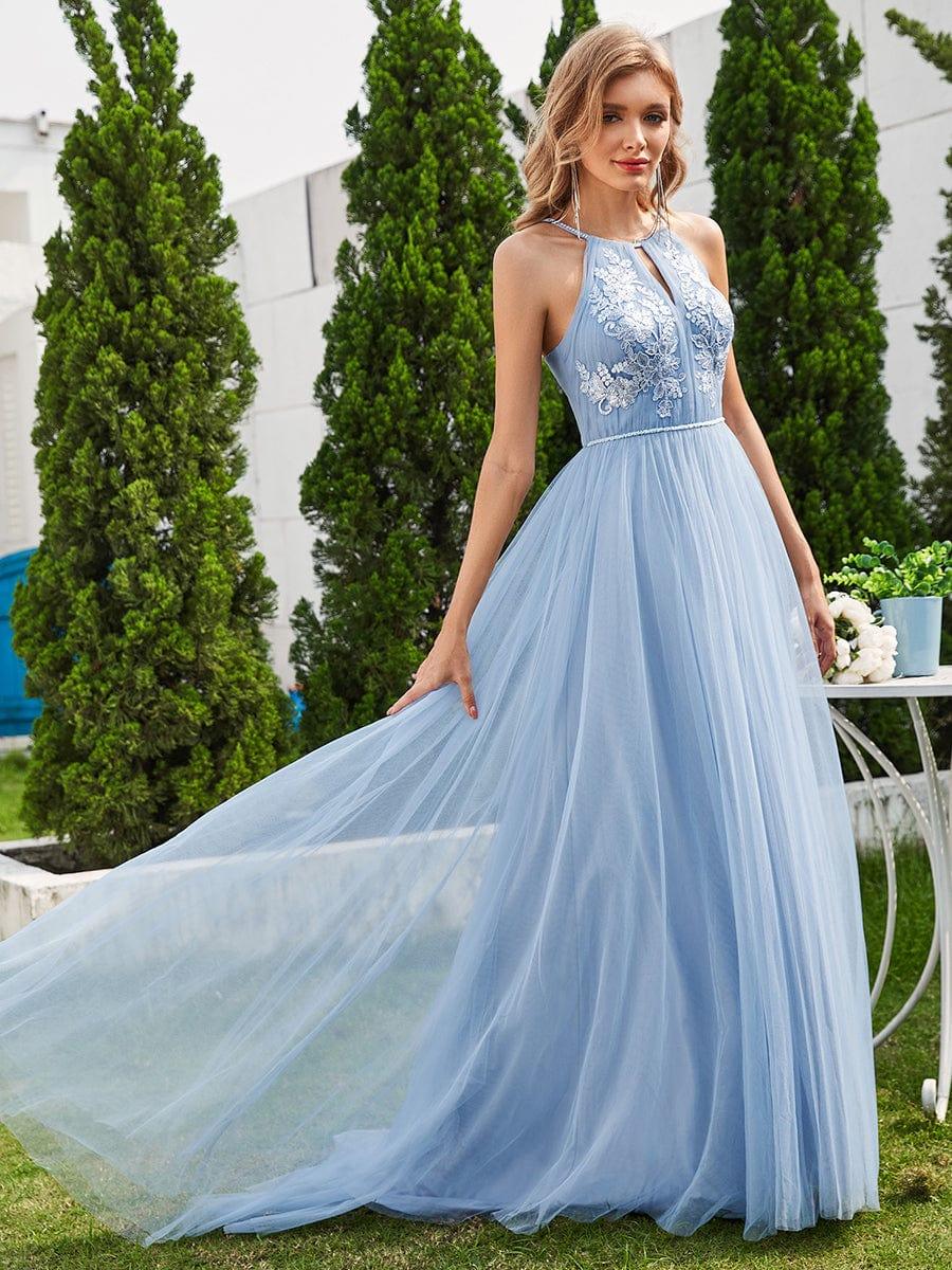 Halter Neck A-Line Tulle Wedding Dress with Applique #color_Light Blue