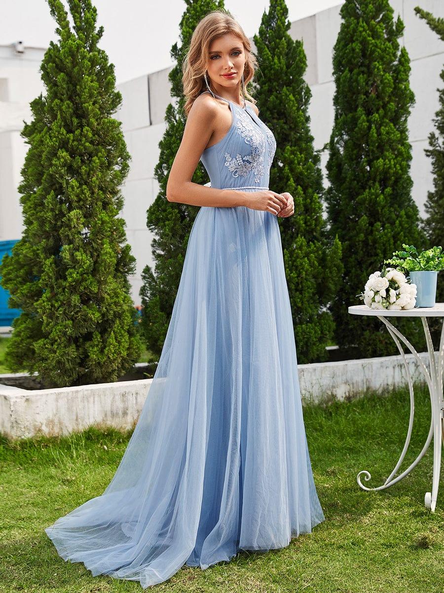 Halter Neck A-Line Tulle Wedding Dress with Applique #color_Light Blue
