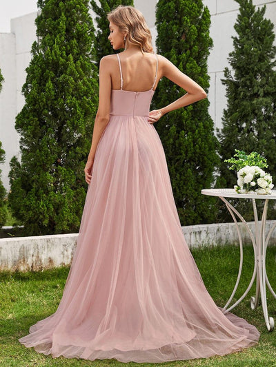 Halter Neck A-Line Tulle Wedding Dress with Applique #color_Pink