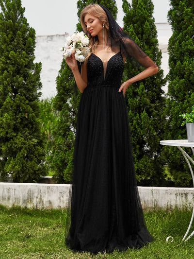V-Neck Spaghetti Strap A-Line Wedding Dresses with Pearl Embellishments #color_Black