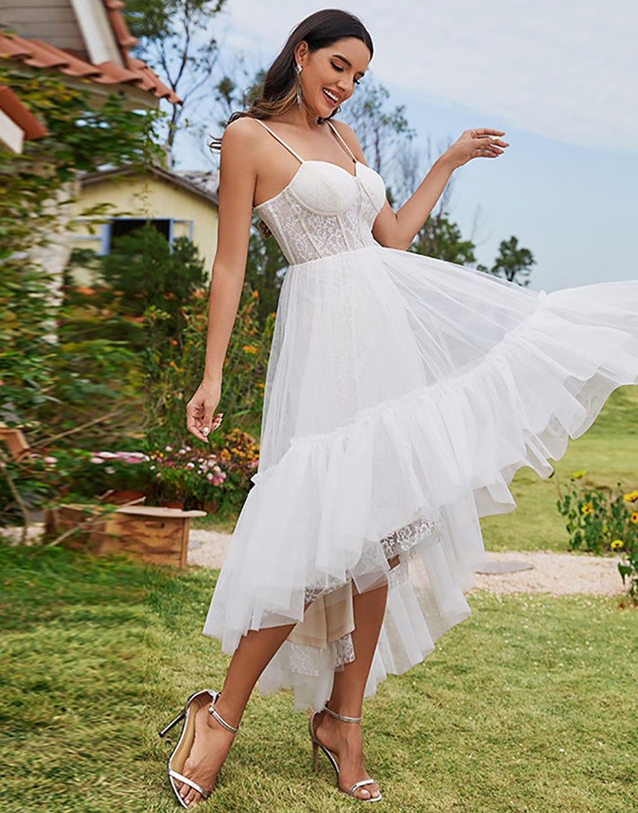 Sweetheart Corset Top High-Low Wedding Dress with Spaghetti Straps #color_Ivory