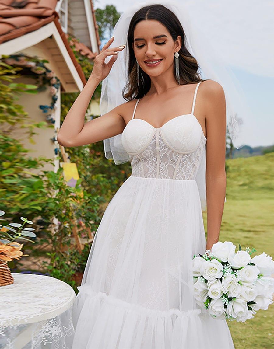 Sweetheart Corset Top High-Low Wedding Dress with Spaghetti Straps #color_Ivory