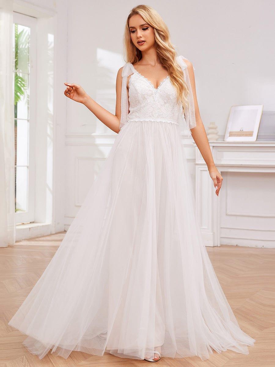 V-neck Lace Tulle Wedding Dress With Bow Straps #color_Ivory