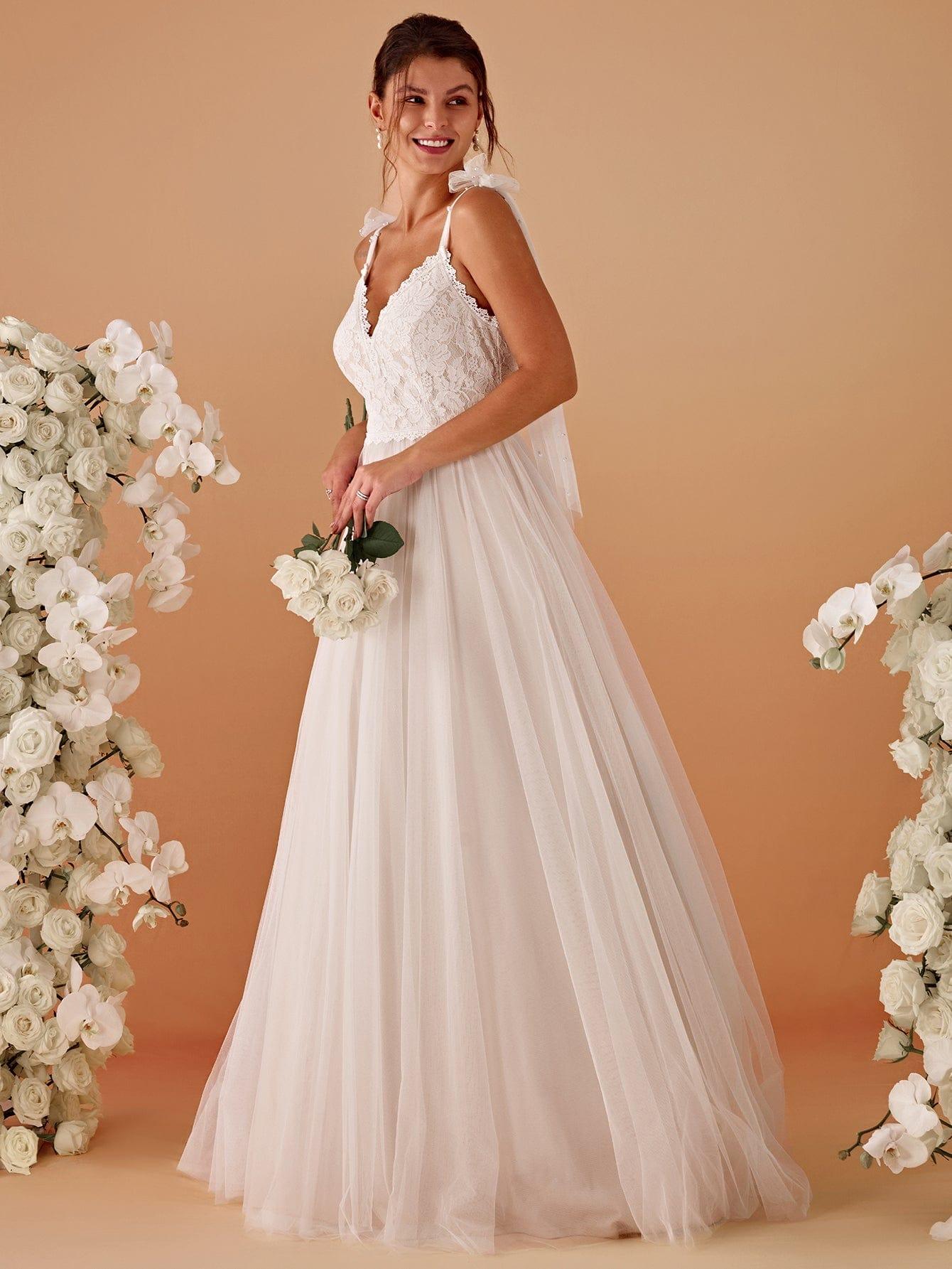 V-neck Lace Tulle Wedding Dress With Bow Straps #color_Ivory