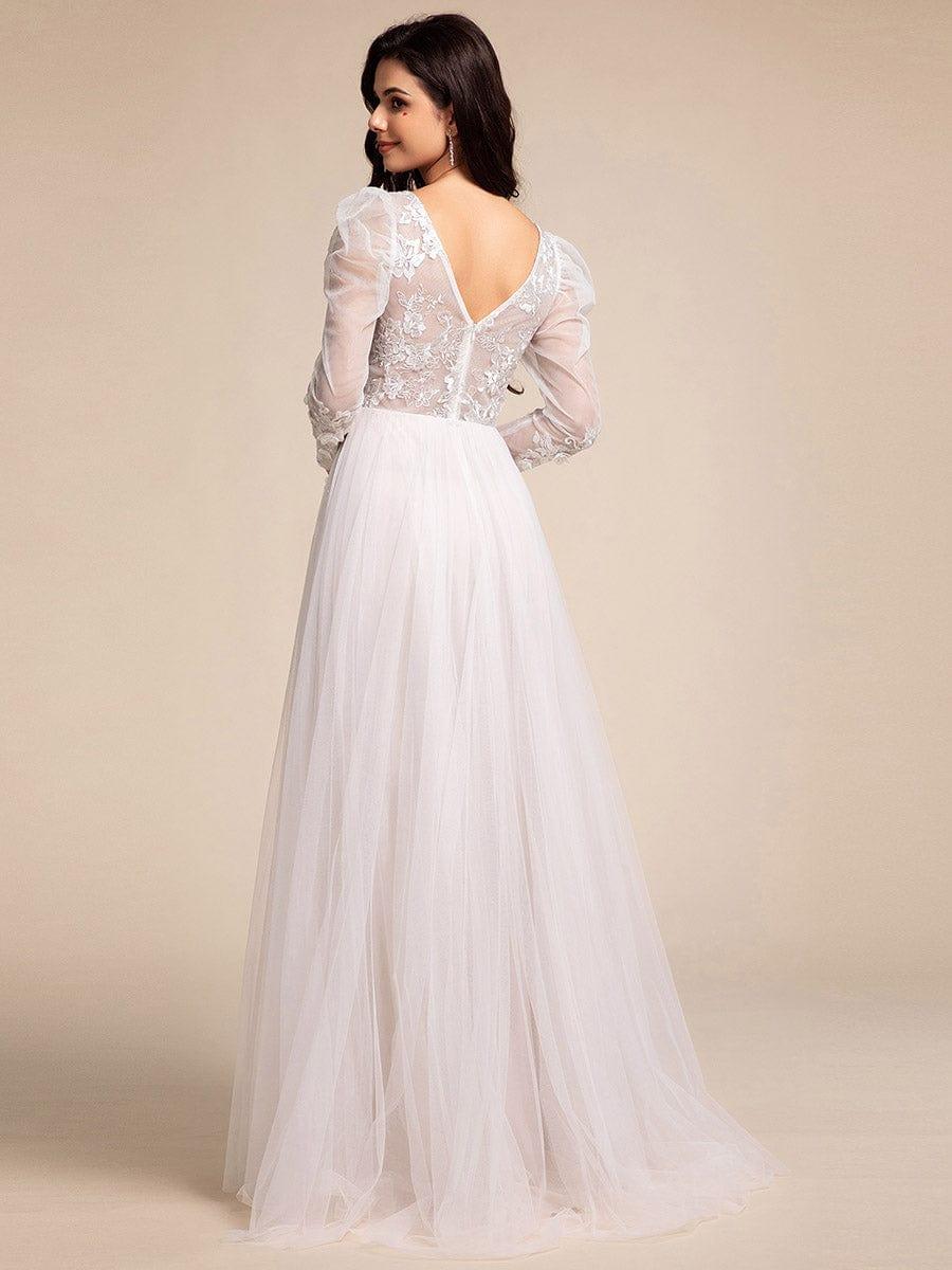 Illusion V-neck Applique Tulle Wedding Dress With Leg-of-mutton Sleeves #color_Ivory