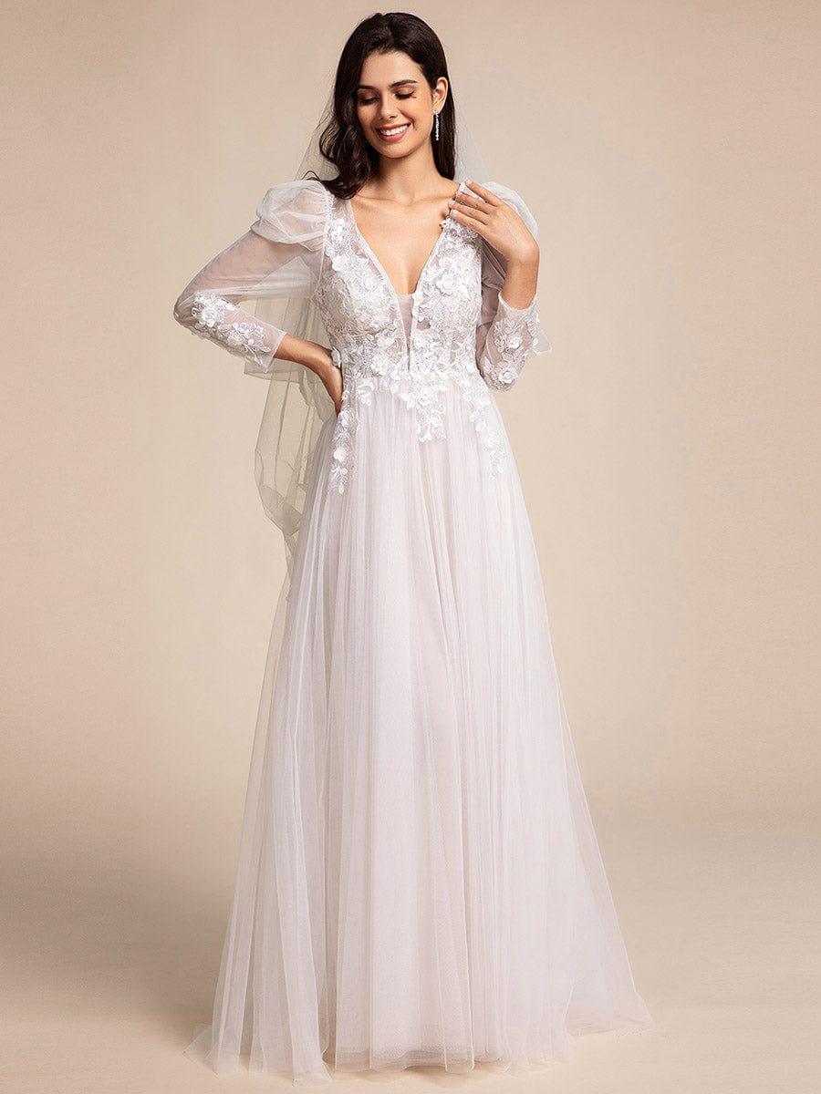 Illusion V-neck Applique Tulle Wedding Dress With Leg-of-mutton Sleeves #color_Ivory