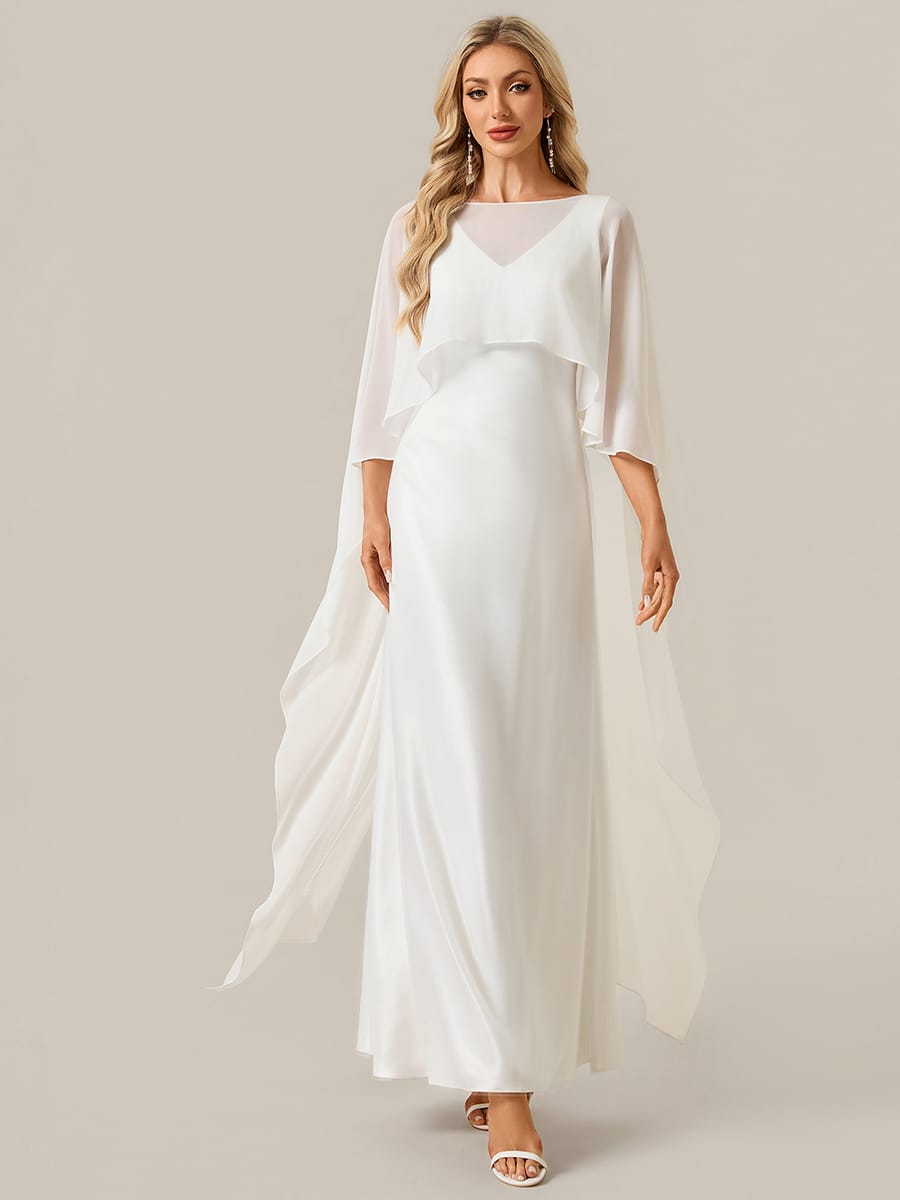 Deep V-Neck Satin Shawl Sleeve Dress #color_White