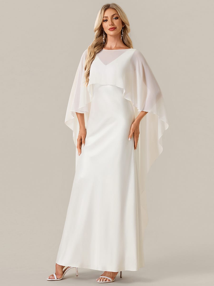 Deep V-Neck Satin Shawl Sleeve Dress #color_White