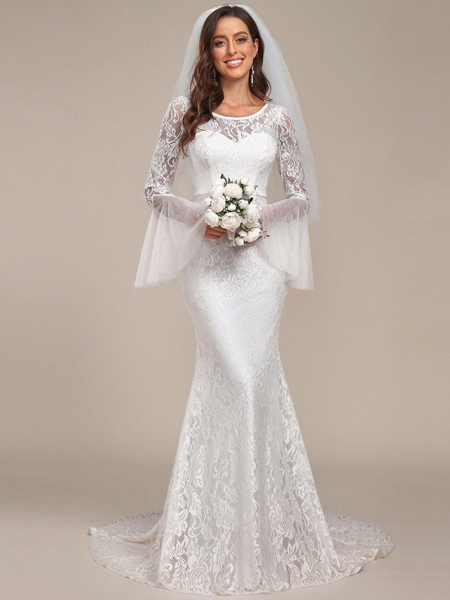 Custom Size Romantic V Back Mermaid Lace Wedding Dress #color_Cream Custom Size Romantic V Back Mermaid Lace Wedding Dress