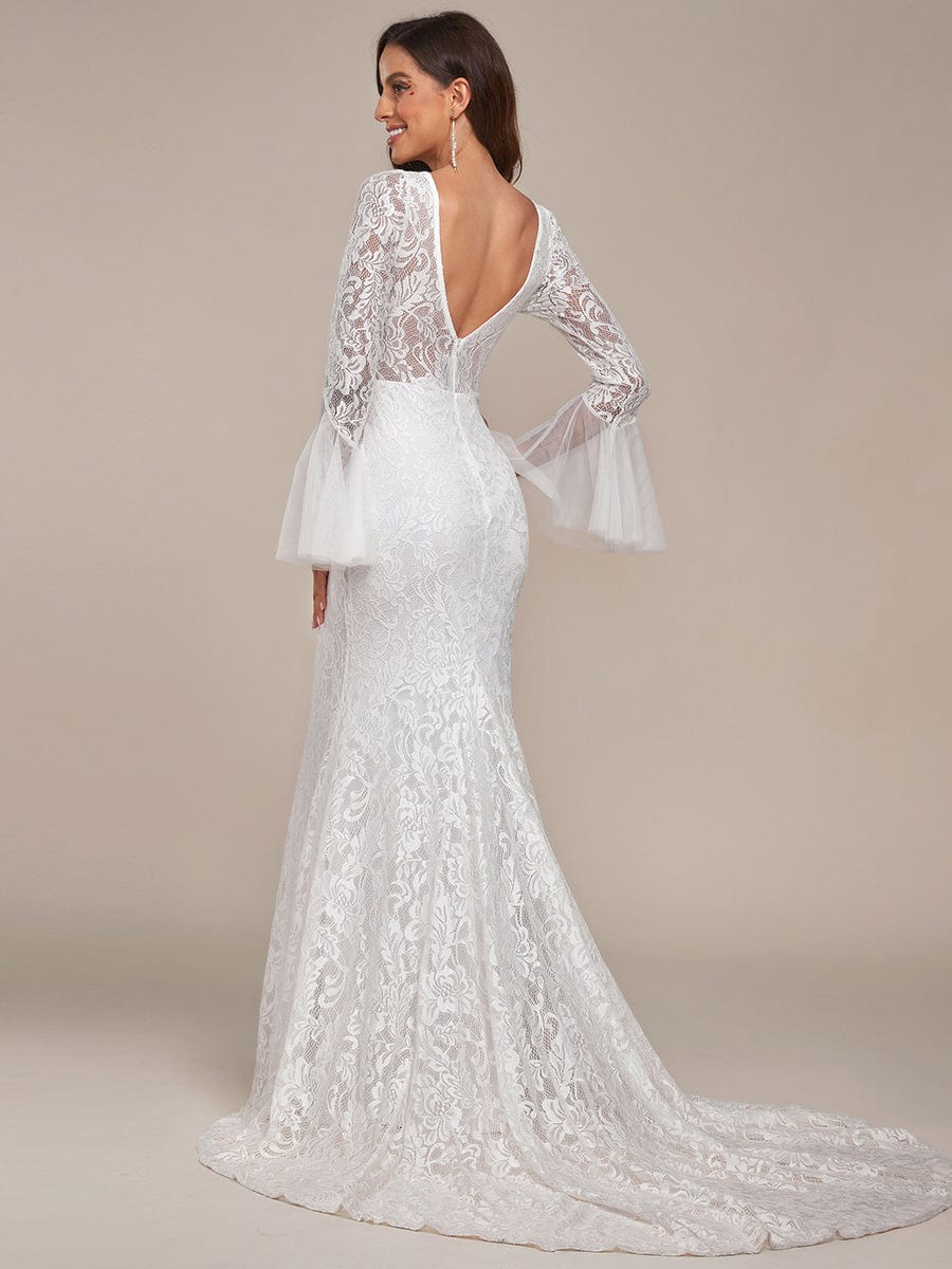 Custom Size Romantic V Back Mermaid Lace Wedding Dress #color_Cream