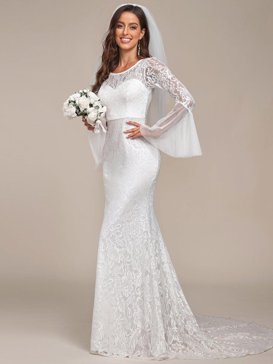 Custom Size Romantic V Back Mermaid Lace Wedding Dress #color_Cream Custom Size Romantic V Back Mermaid Lace Wedding Dress