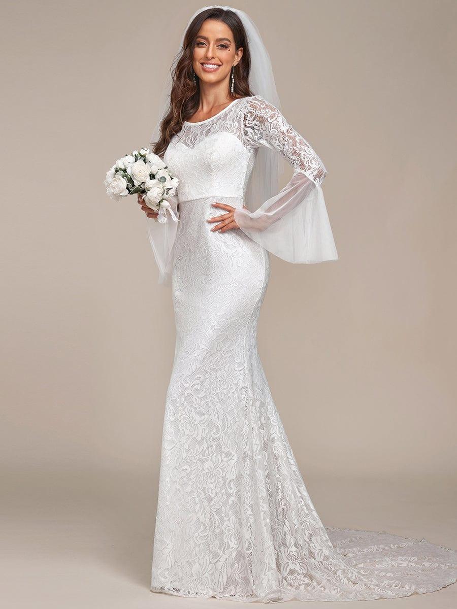 Romantic V Back Mermaid Lace Wedding Dress #color_Cream Romantic V Back Mermaid Lace Wedding Dress