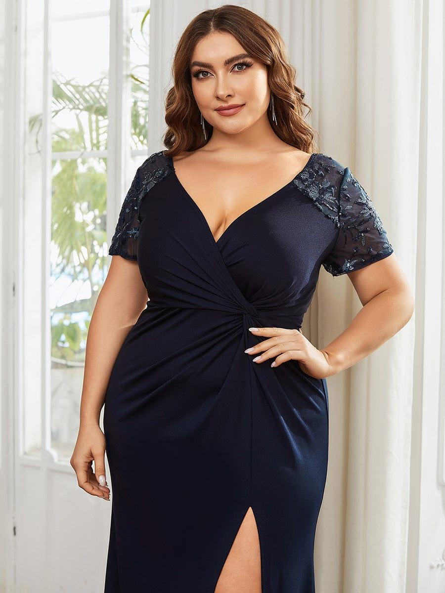 Plus Size Front Slit Short Sequin Sleeve Mother of the Bride Dress #Color_Navy Blue