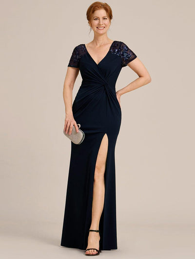 Short Sequin Sleeve Front Slit Mother of the Bride Dress #Color_Navy Blue