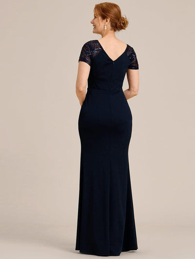Short Sequin Sleeve Front Slit Mother of the Bride Dress #Color_Navy Blue