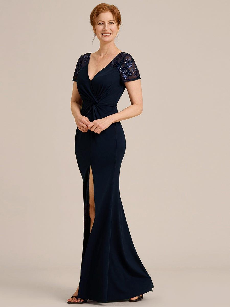 Short Sequin Sleeve Front Slit Mother of the Bride Dress #Color_Navy Blue