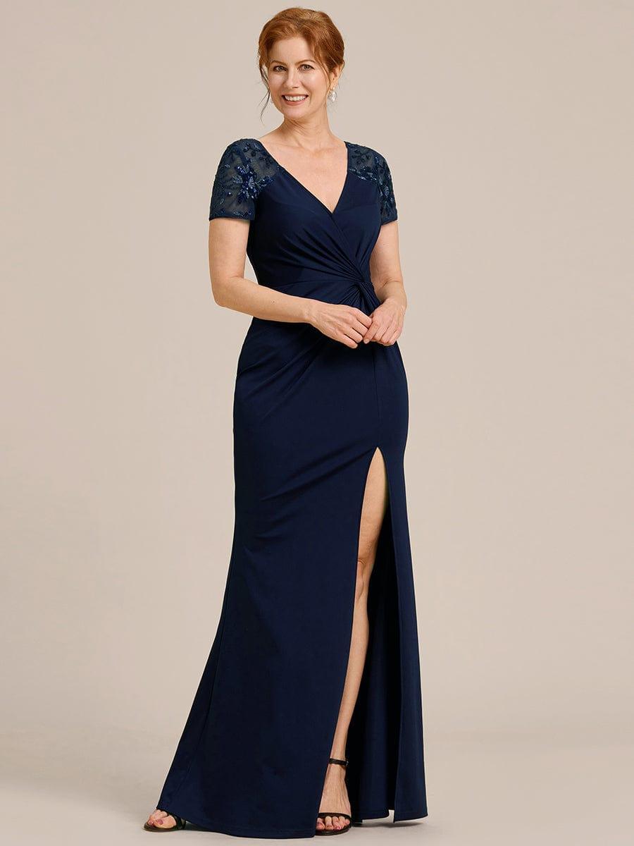 Short Sequin Sleeve Front Slit Mother of the Bride Dress #Color_Navy Blue