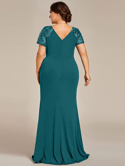 Plus Size Front Slit Short Sequin Sleeve Mother of the Bride Dress #Color_Teal