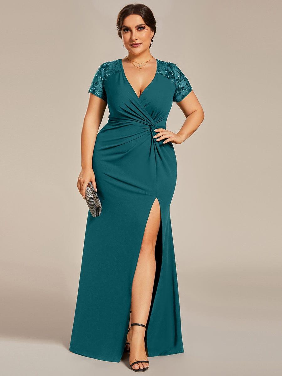 Plus Size Front Slit Short Sequin Sleeve Mother of the Bride Dress #Color_Teal