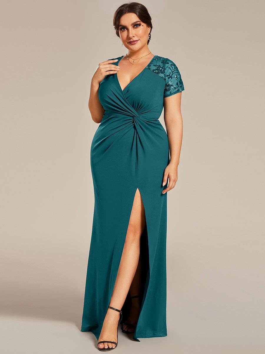 Plus Size Front Slit Short Sequin Sleeve Mother of the Bride Dress #Color_Teal