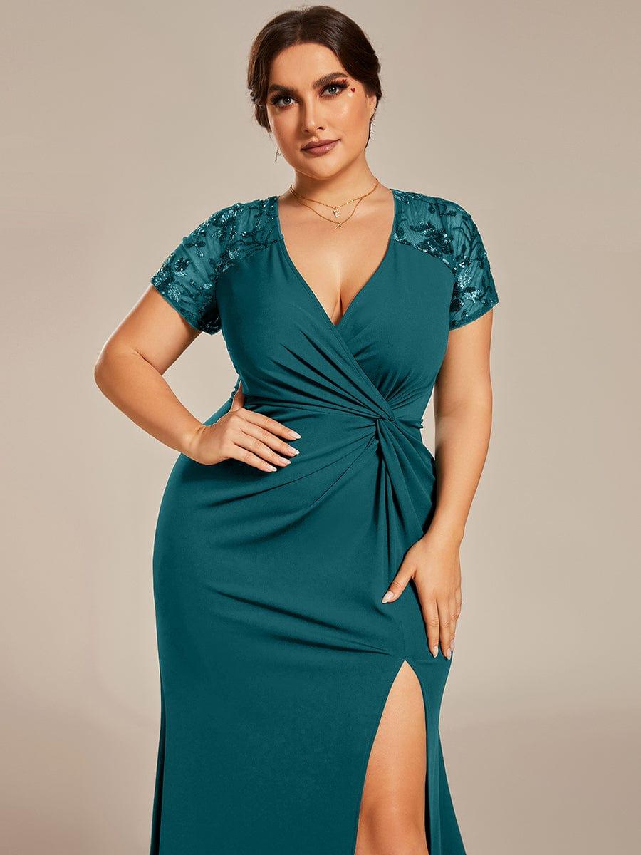 Plus Size Front Slit Short Sequin Sleeve Mother of the Bride Dress #Color_Teal