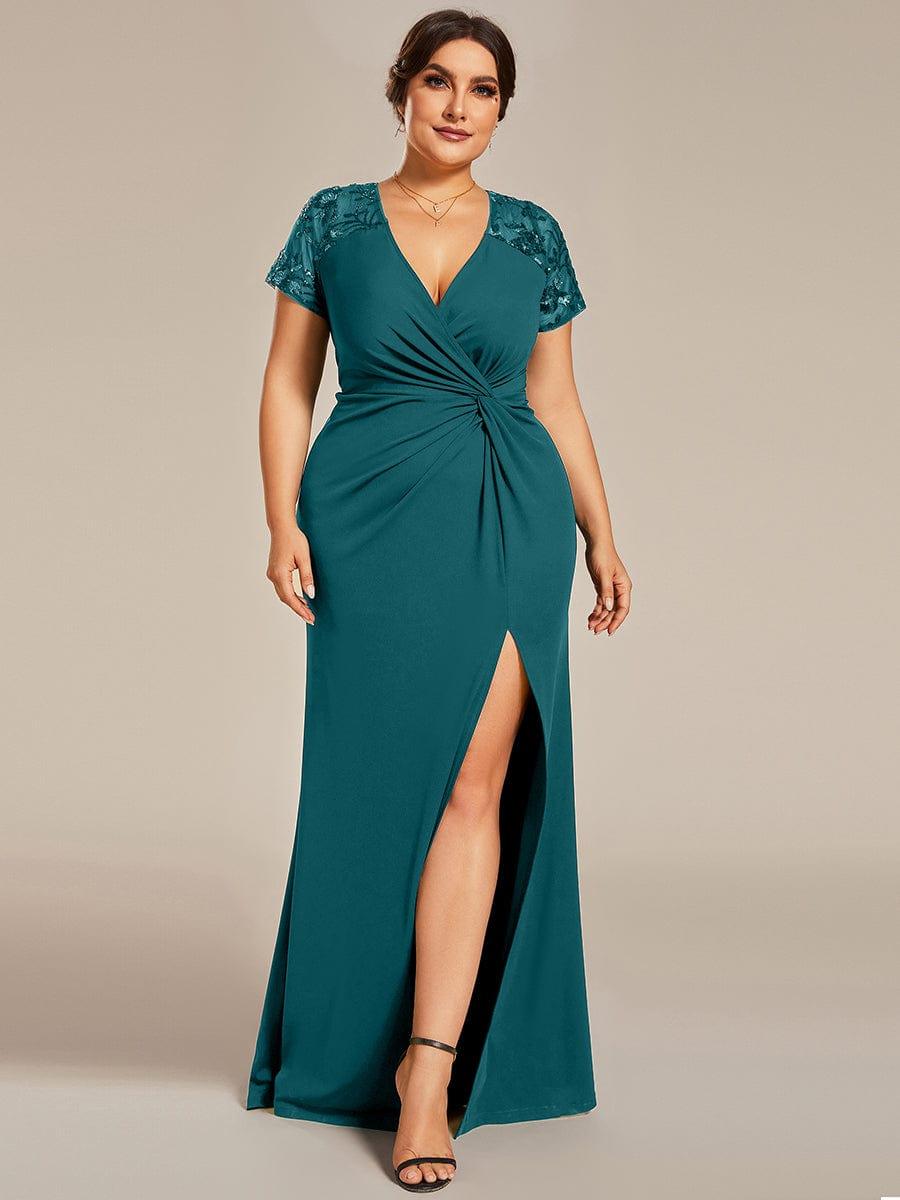 Plus Size Front Slit Short Sequin Sleeve Mother of the Bride Dress #Color_Teal