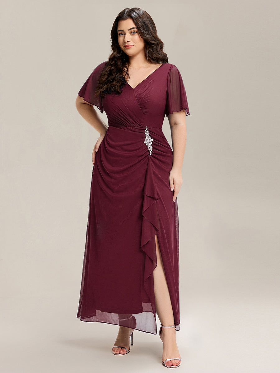 Rhinestone Embellished Chiffon Ruffle Sleeve Mother of the Bride Dress #color_Burgundy