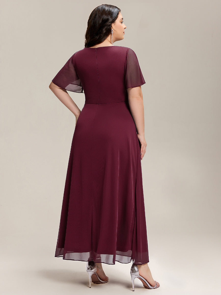 Rhinestone Embellished Chiffon Ruffle Sleeve Mother of the Bride Dress #color_Burgundy