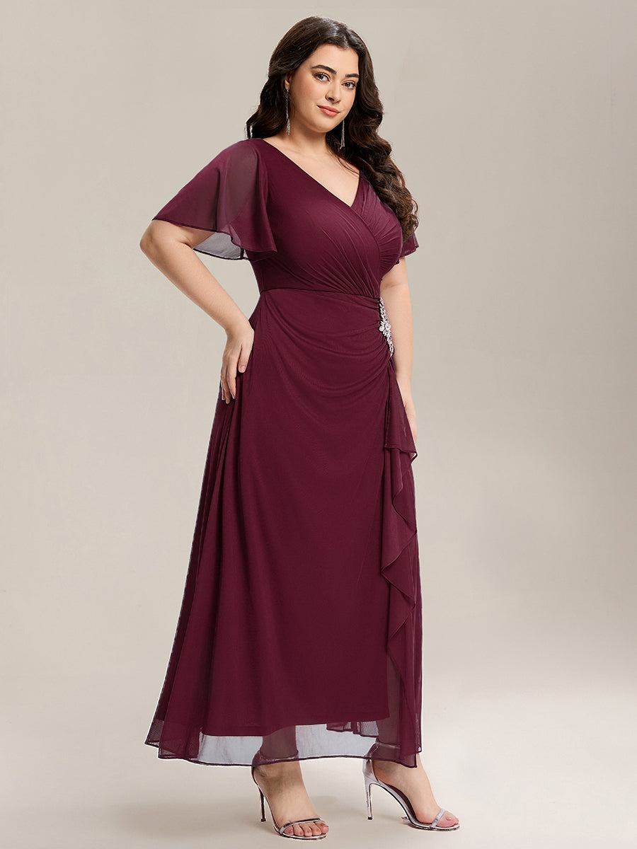 Rhinestone Embellished Chiffon Ruffle Sleeve Mother of the Bride Dress #color_Burgundy