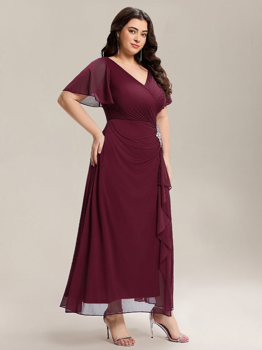 Rhinestone Embellished Chiffon Ruffle Sleeve Mother of the Bride Dress #color_Burgundy