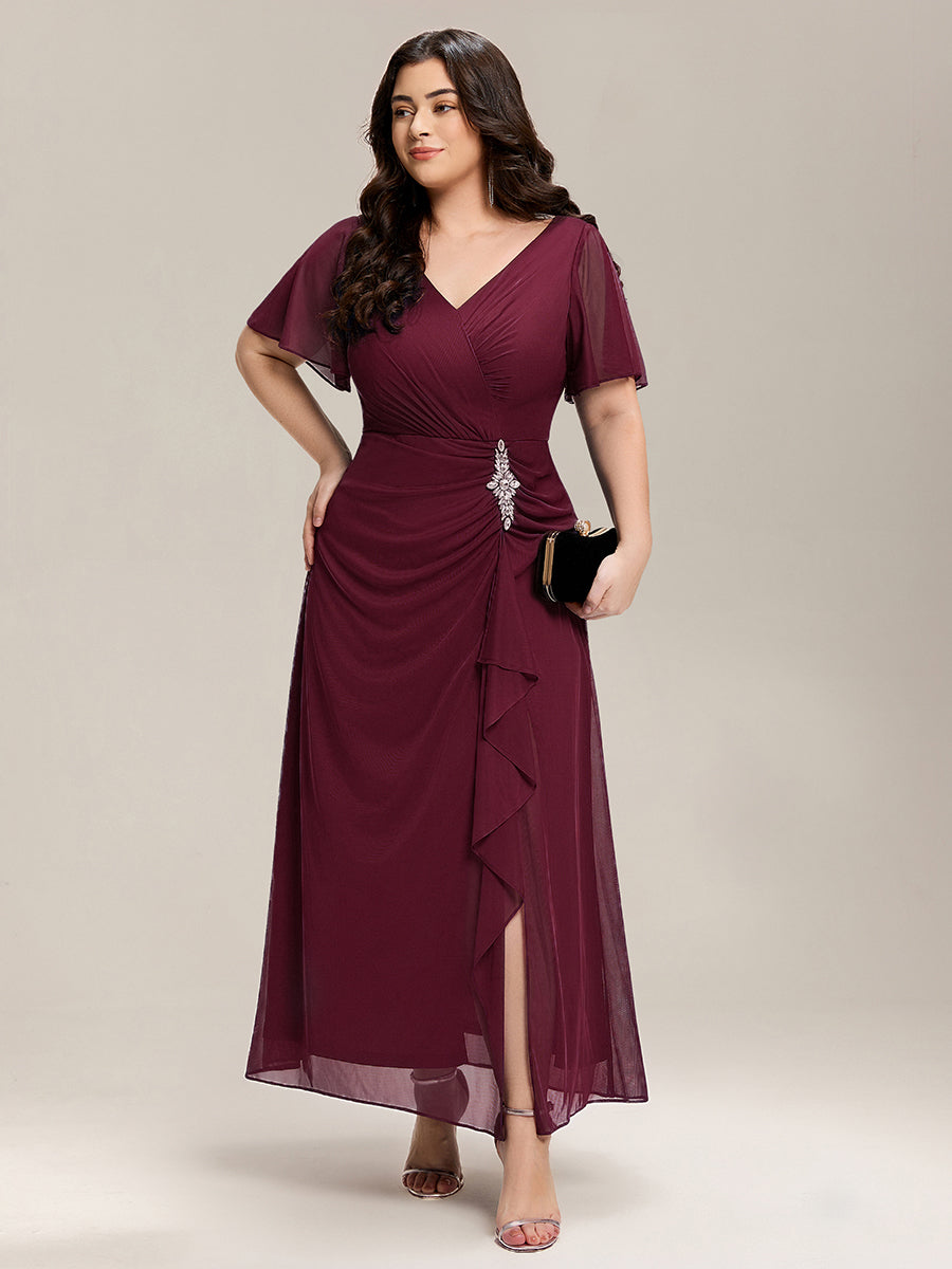 Rhinestone Embellished Chiffon Ruffle Sleeve Mother of the Bride Dress #color_Burgundy