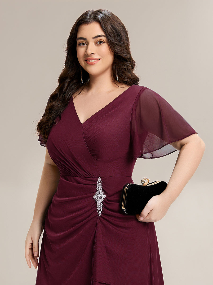 Rhinestone Embellished Chiffon Ruffle Sleeve Mother of the Bride Dress #color_Burgundy