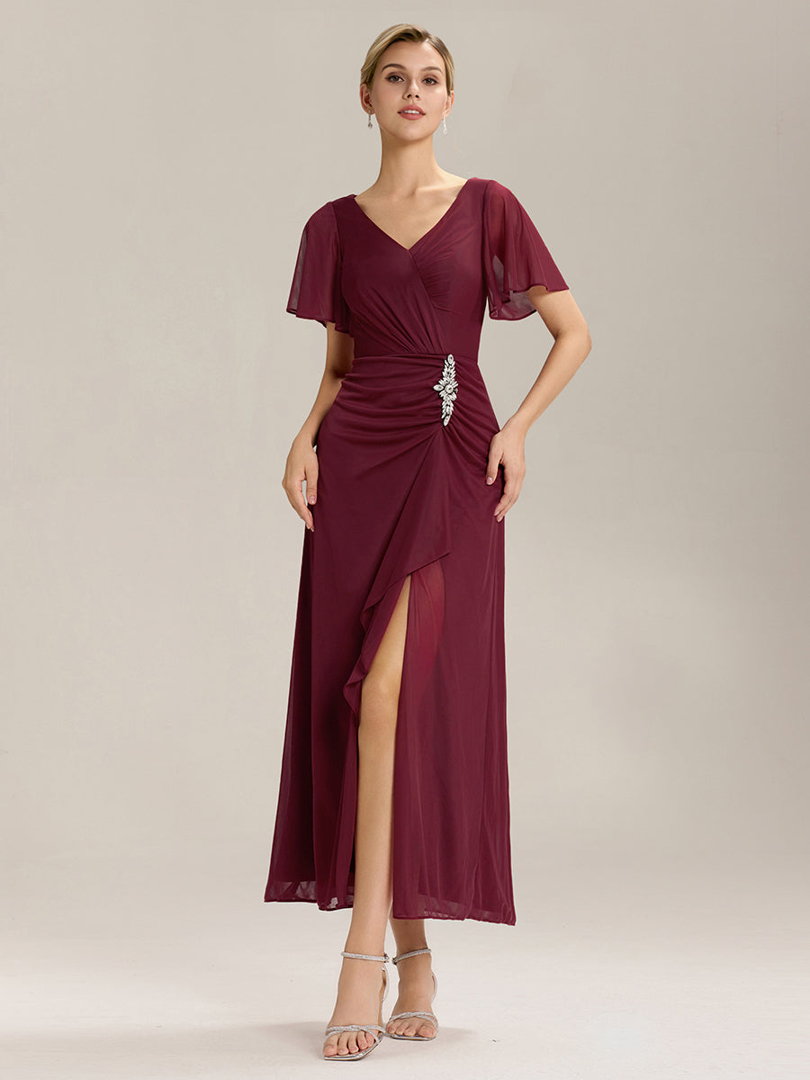 Rhinestone Embellished Chiffon Ruffle Sleeve Mother of the Bride Dress #color_Burgundy