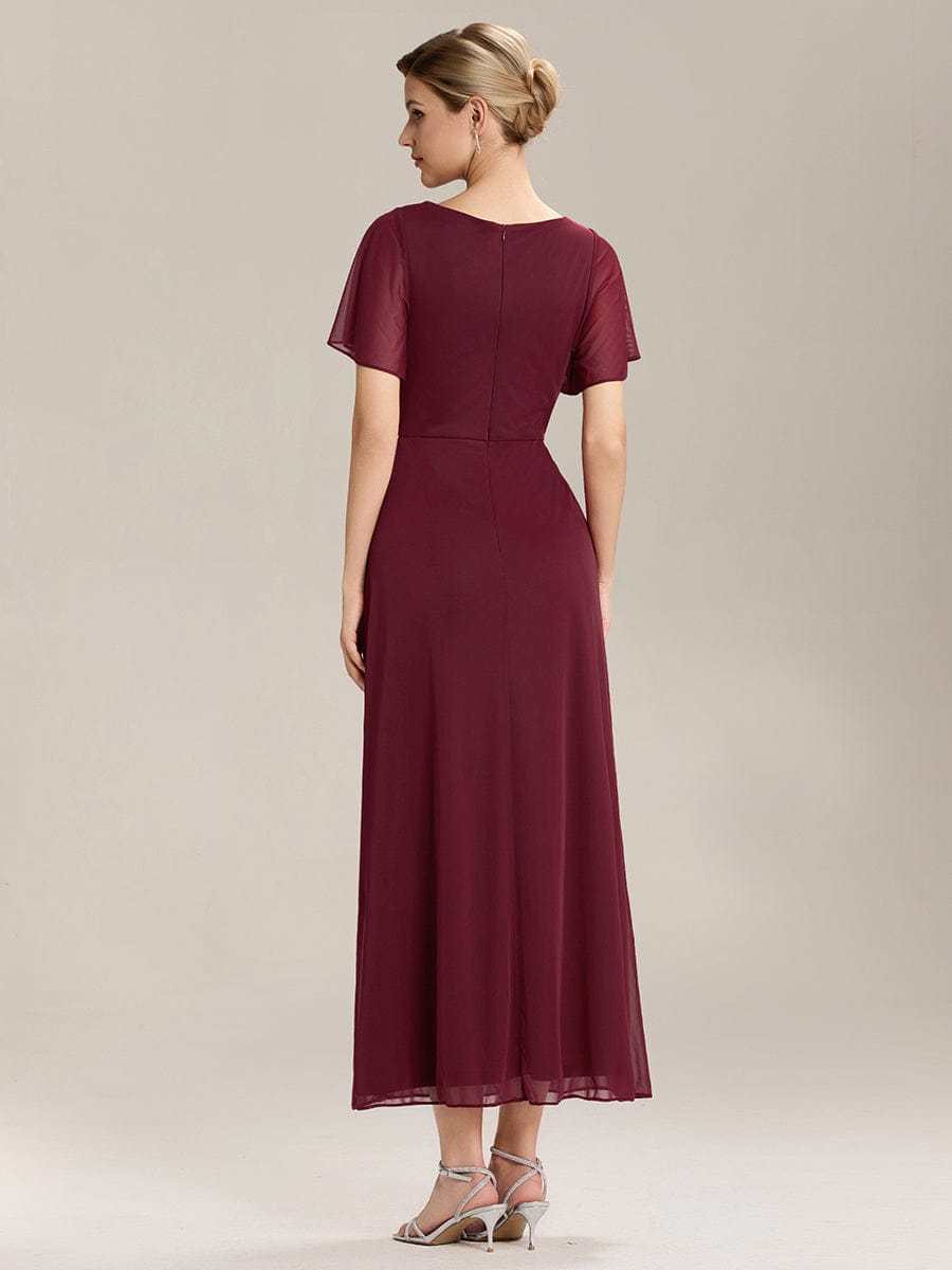 Rhinestone Embellished Chiffon Ruffle Sleeve Mother of the Bride Dress #color_Burgundy