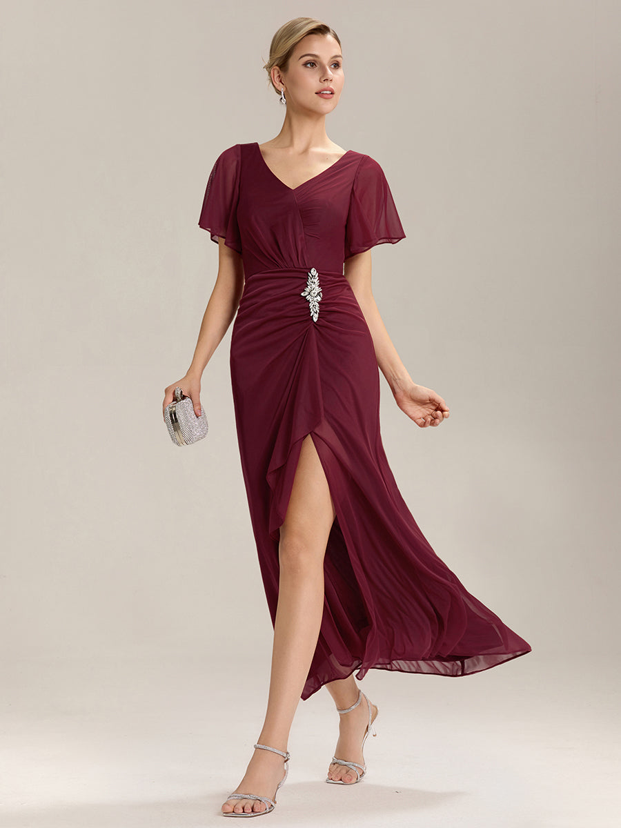 Rhinestone Embellished Chiffon Ruffle Sleeve Mother of the Bride Dress #color_Burgundy