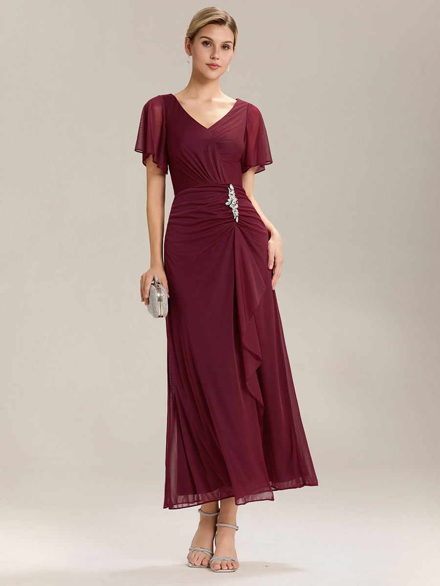 Rhinestone Embellished Chiffon Ruffle Sleeve Mother of the Bride Dress #color_Burgundy