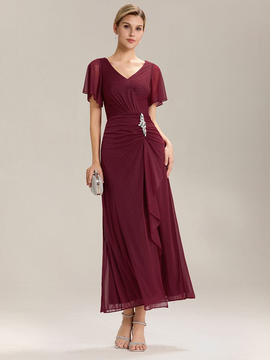 Rhinestone Embellished Chiffon Ruffle Sleeve Mother of the Bride Dress #color_Burgundy