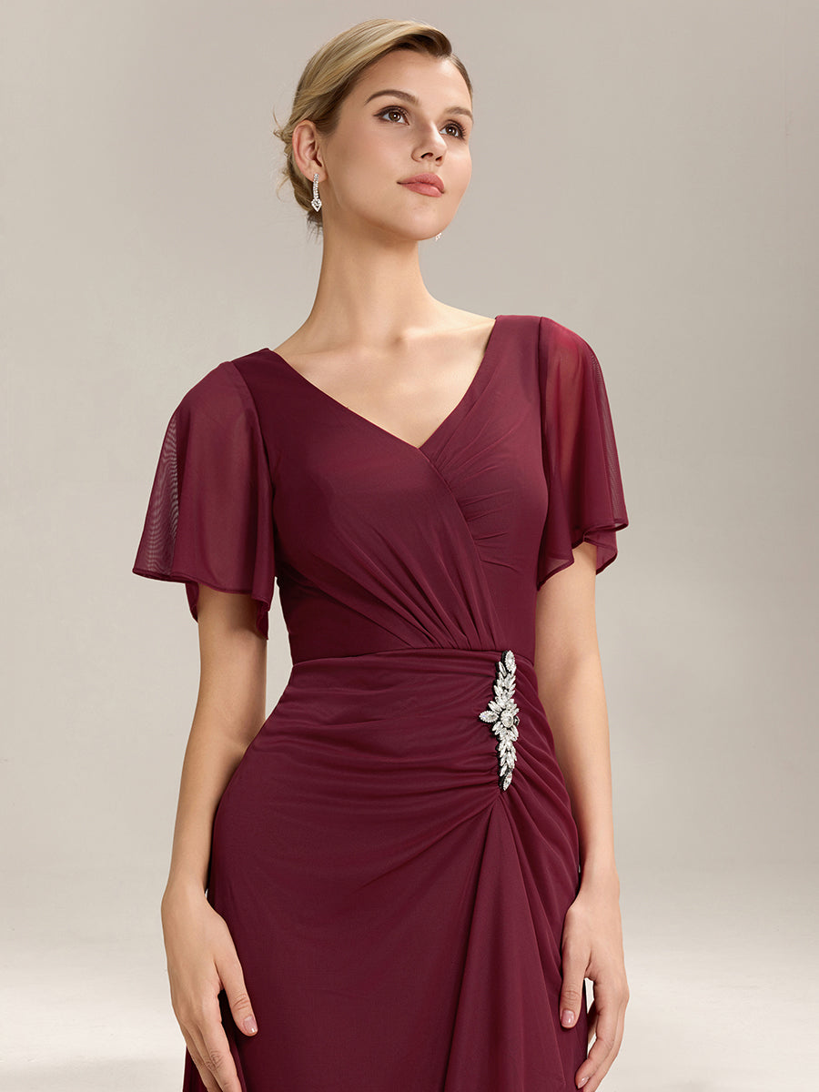 Rhinestone Embellished Chiffon Ruffle Sleeve Mother of the Bride Dress #color_Burgundy
