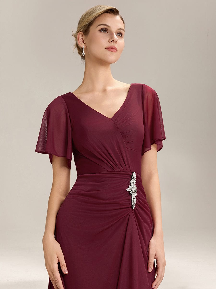 Rhinestone Embellished Chiffon Ruffle Sleeve Mother of the Bride Dress #color_Burgundy