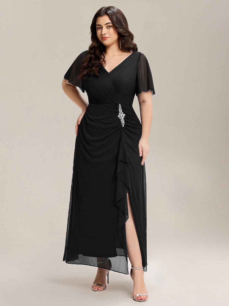 Rhinestone Embellished Chiffon Ruffle Sleeve Mother of the Bride Dress #color_Black