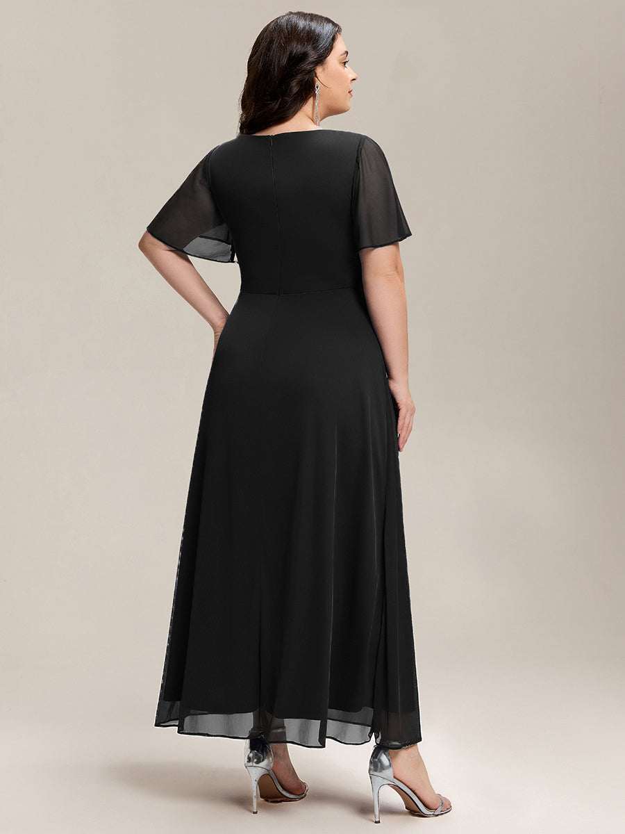 Rhinestone Embellished Chiffon Ruffle Sleeve Mother of the Bride Dress #color_Black