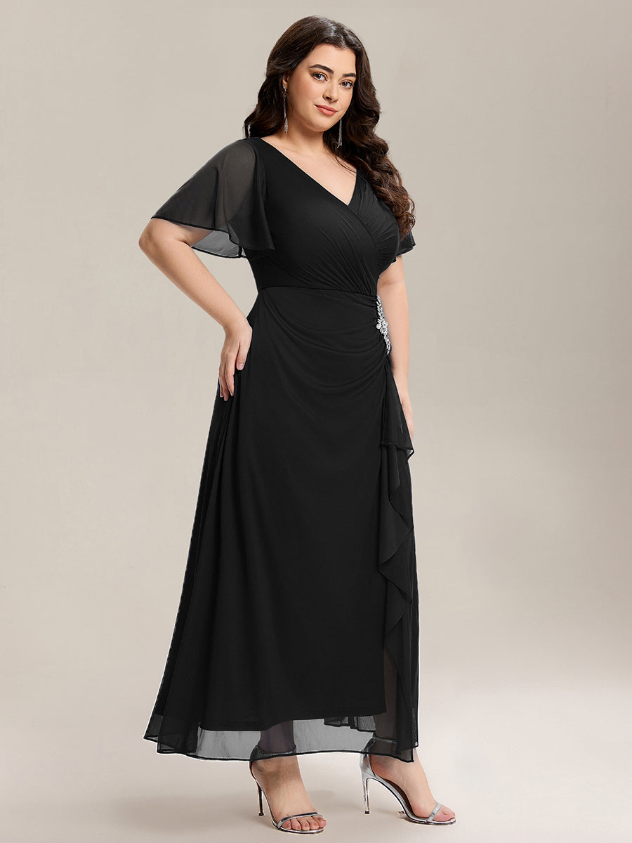 Rhinestone Embellished Chiffon Ruffle Sleeve Mother of the Bride Dress #color_Black