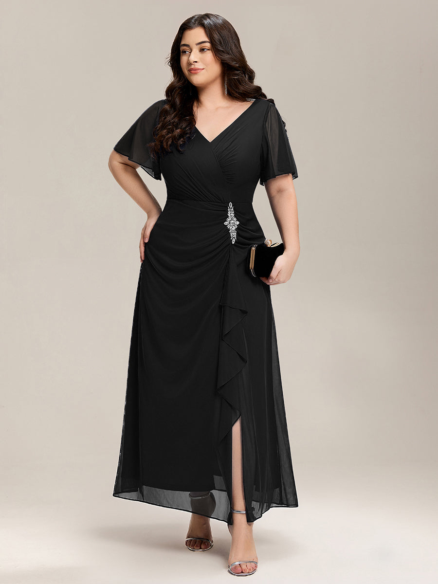 Rhinestone Embellished Chiffon Ruffle Sleeve Mother of the Bride Dress #color_Black